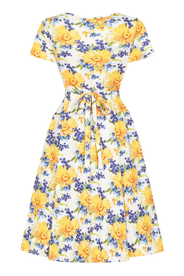 Cuello en V Estampado Amarillo Vestido Vintage Con Mangas Cortas